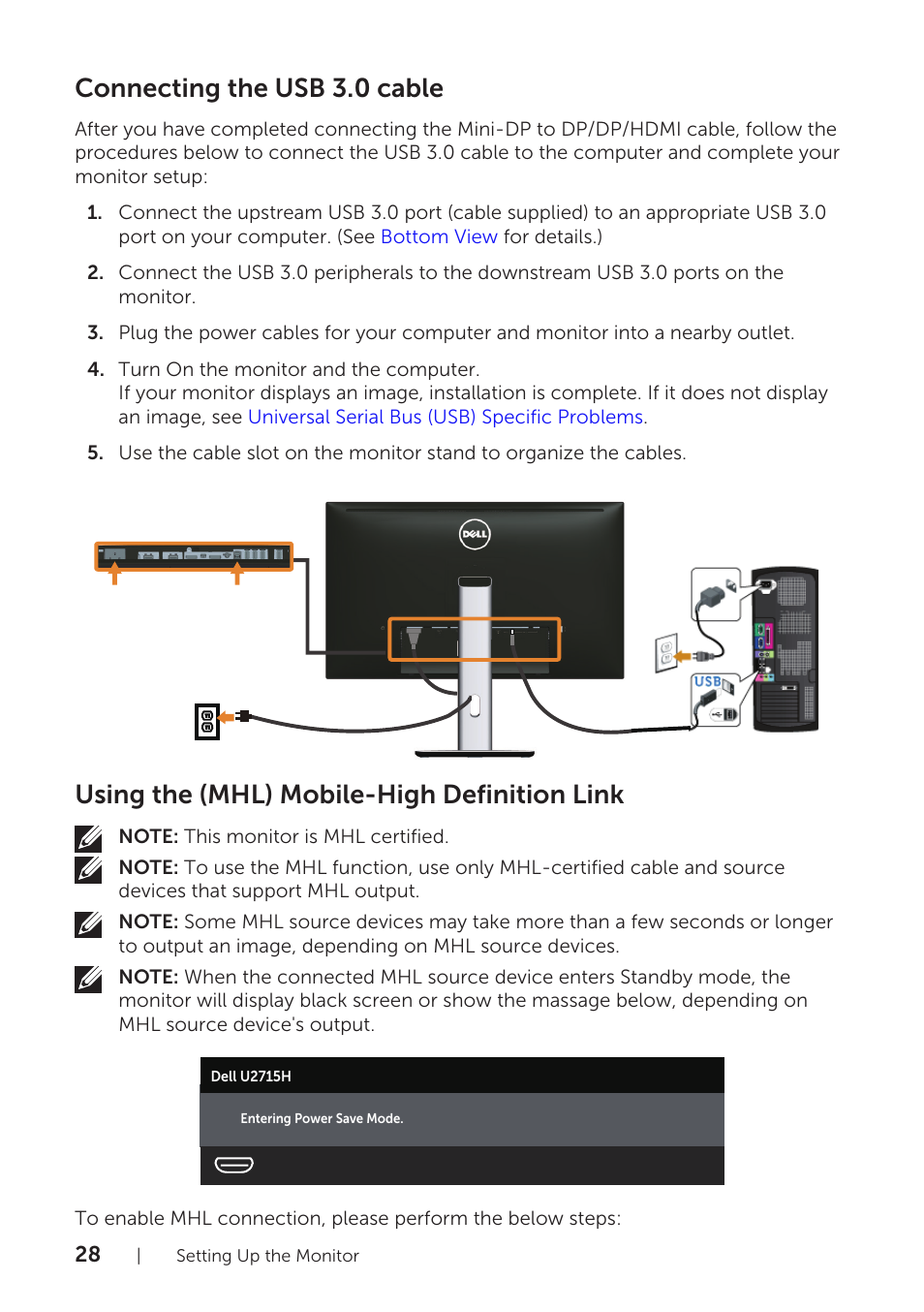 Connecting the usb 3.0 cable, Using the (mhl) mobile-high definition link | Dell U2715H Monitor User Manual | Page 28 / 63
