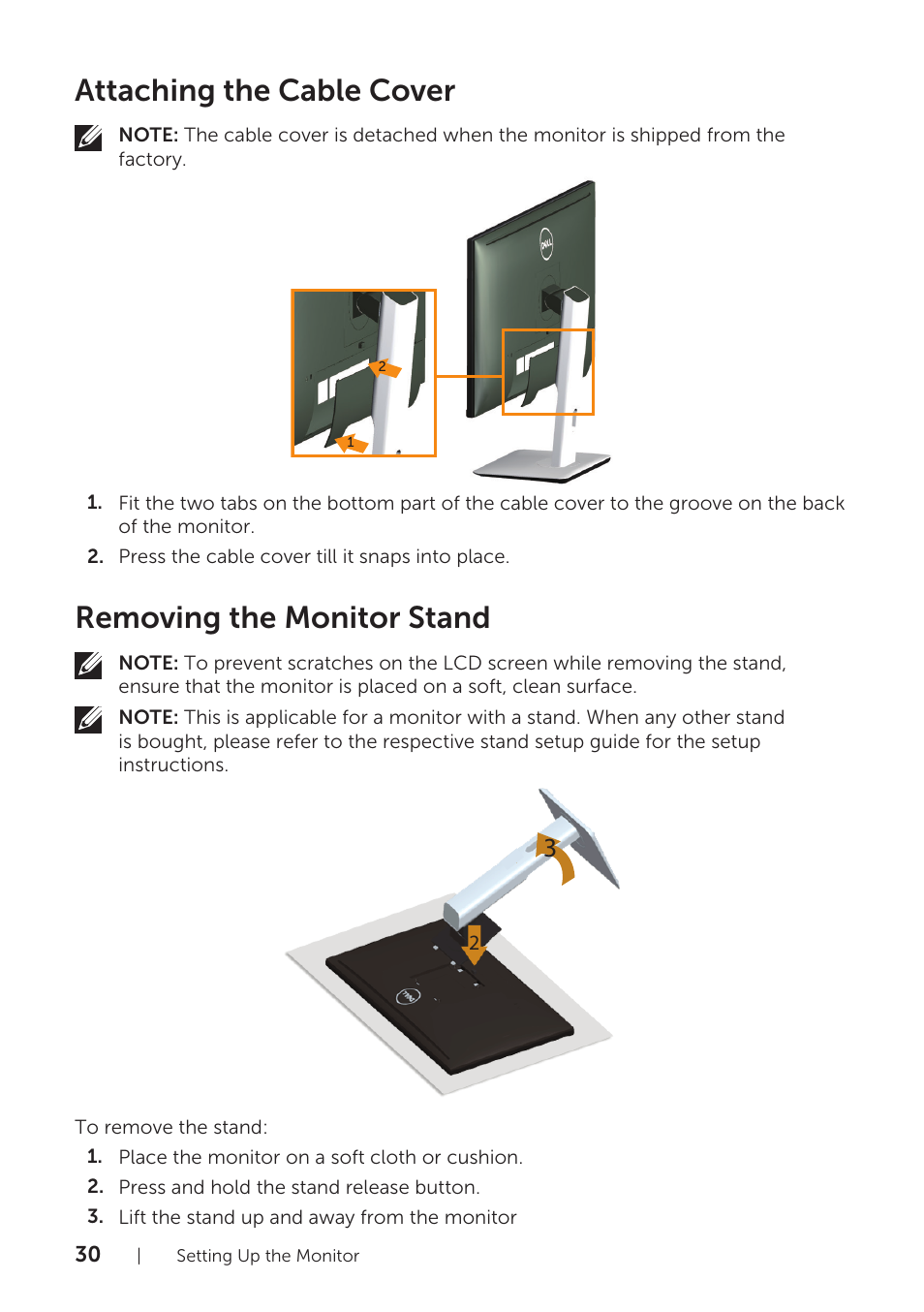 Attaching the cable cover, Removing the monitor stand | Dell U2715H Monitor User Manual | Page 30 / 63