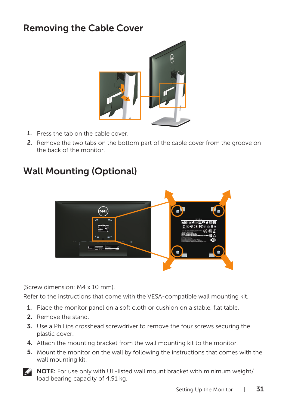 Removing the cable cover, Wall mounting (optional), Removing the cable cover wall mounting (optional) | Setting up the monitor | Dell U2715H Monitor User Manual | Page 31 / 63