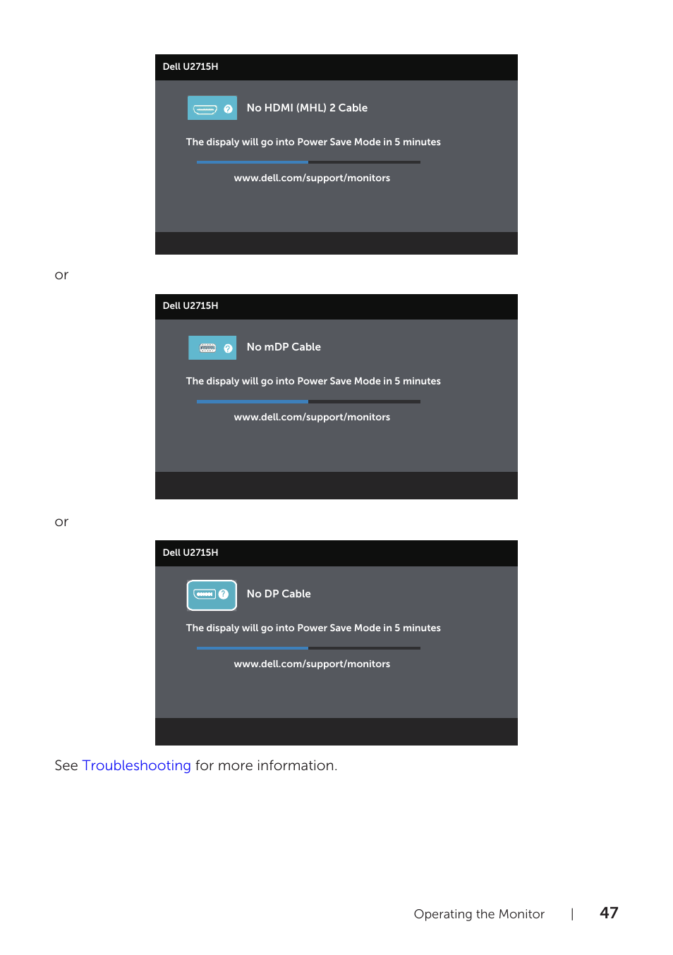 See troubleshooting for more information | Dell U2715H Monitor User Manual | Page 47 / 63