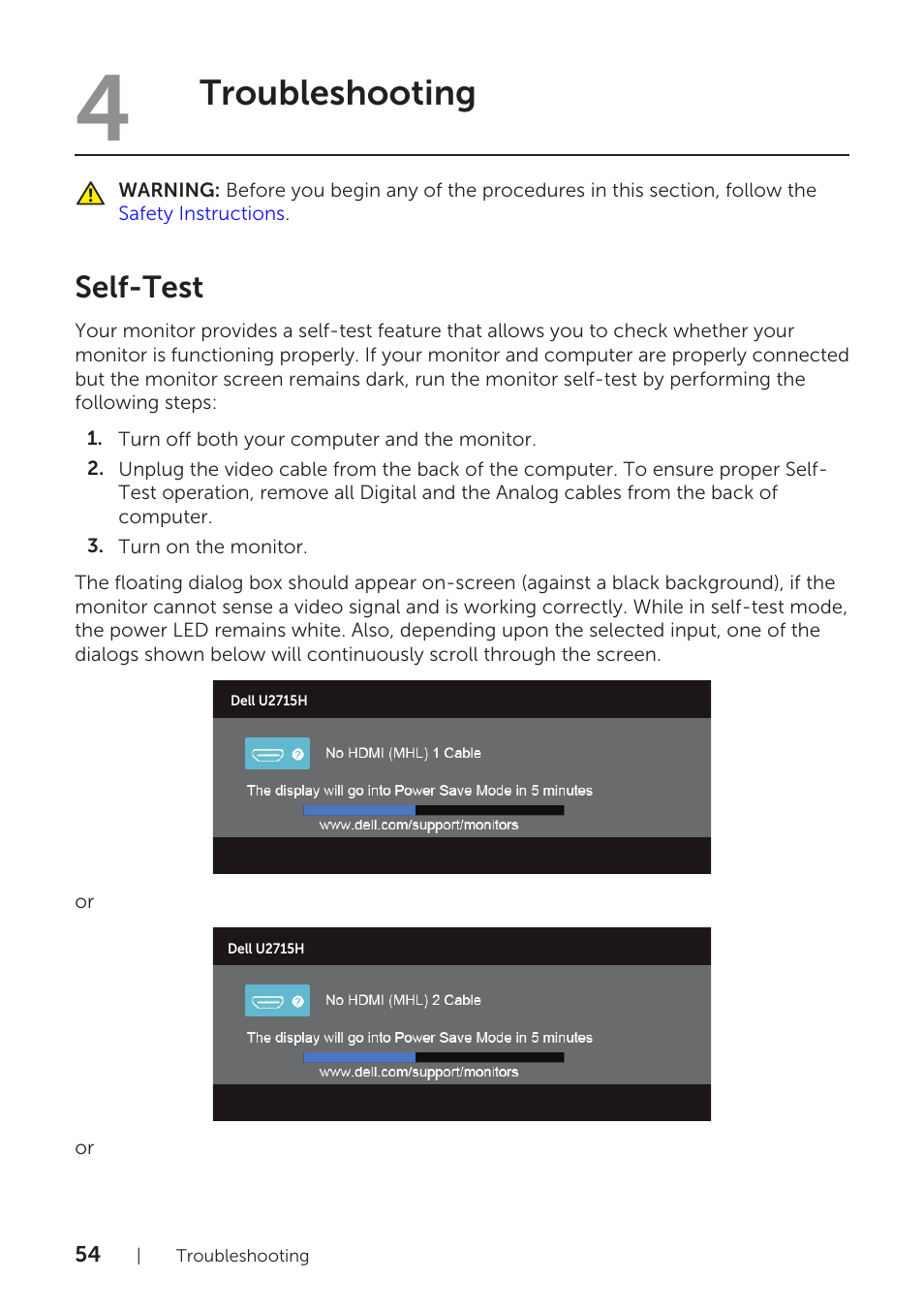 4 troubleshooting, Self-test, Troubleshooting | Dell U2715H Monitor User Manual | Page 54 / 63
