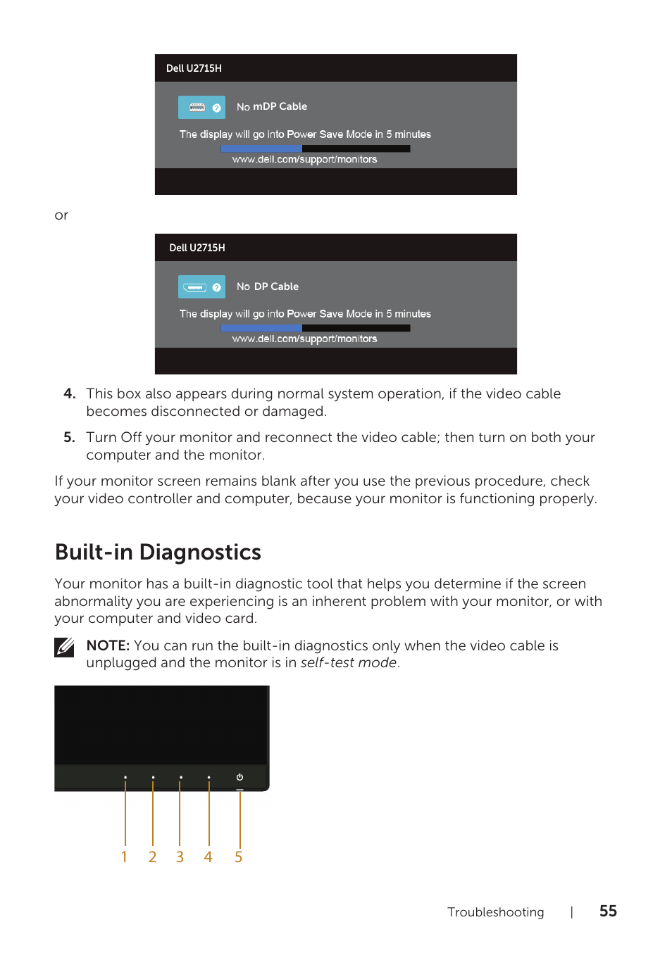 Built-in diagnostics | Dell U2715H Monitor User Manual | Page 55 / 63