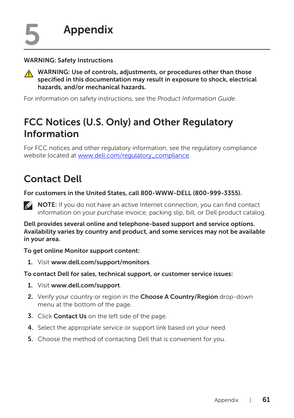 5 appendix, Contact dell, Appendix | Dell U2715H Monitor User Manual | Page 61 / 63