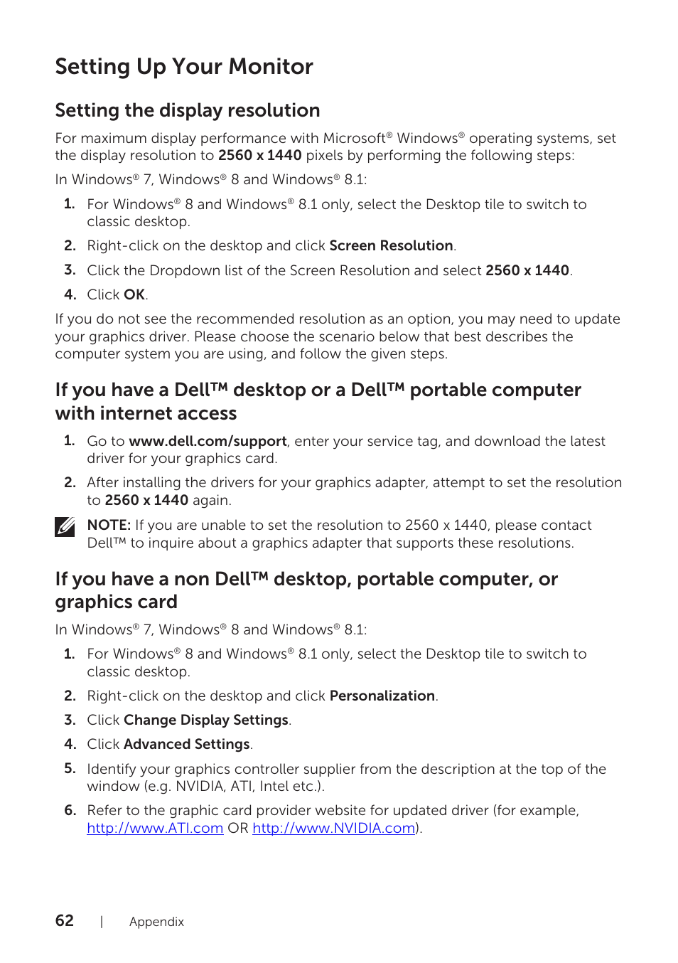 Setting up your monitor, Setting the display resolution | Dell U2715H Monitor User Manual | Page 62 / 63