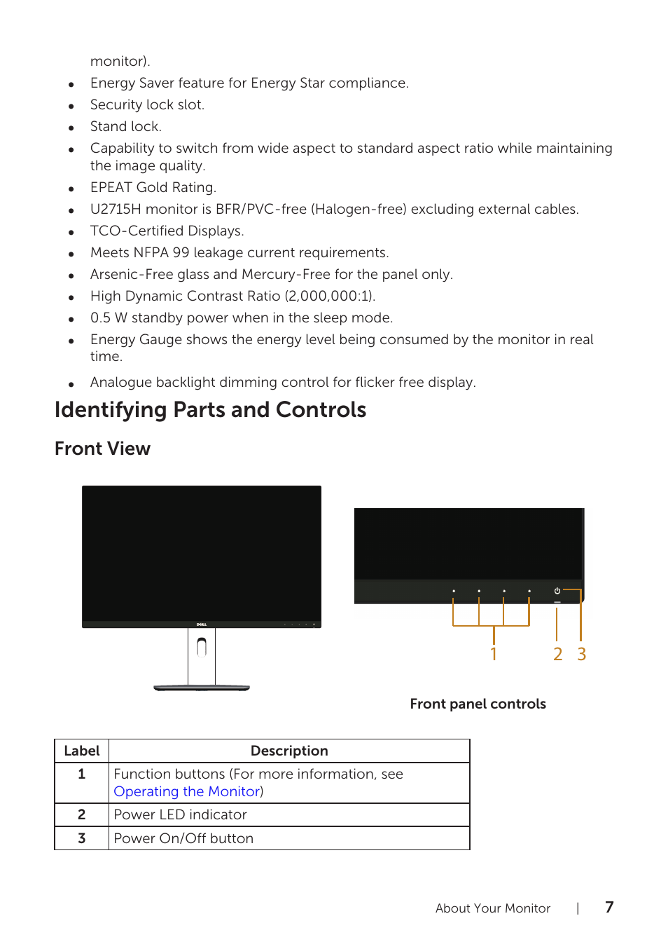 Identifying parts and controls, Front view | Dell U2715H Monitor User Manual | Page 7 / 63