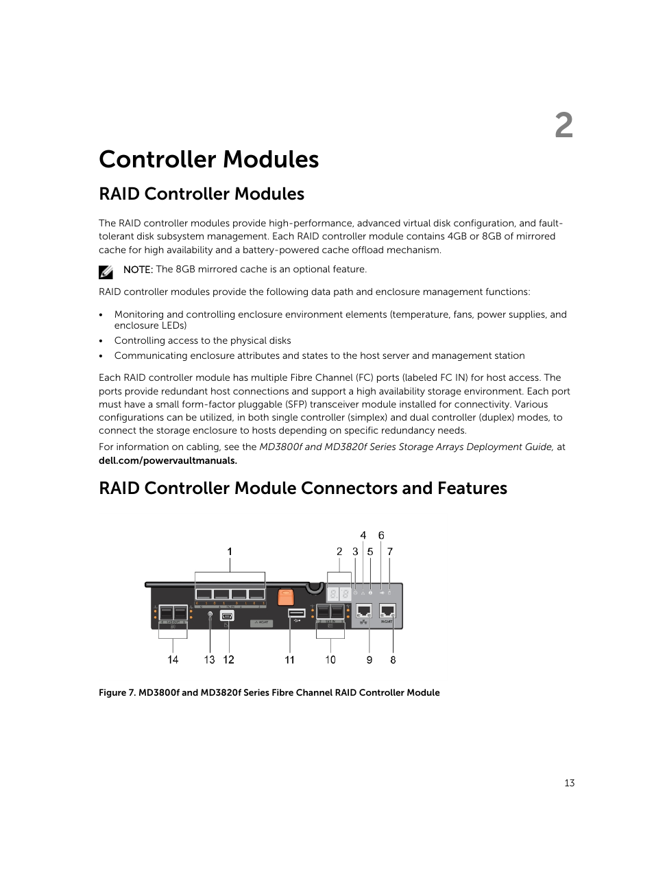 Controller modules, Raid controller modules, Raid controller module connectors and features | 2 controller modules | Dell PowerVault MD3820f User Manual | Page 13 / 51