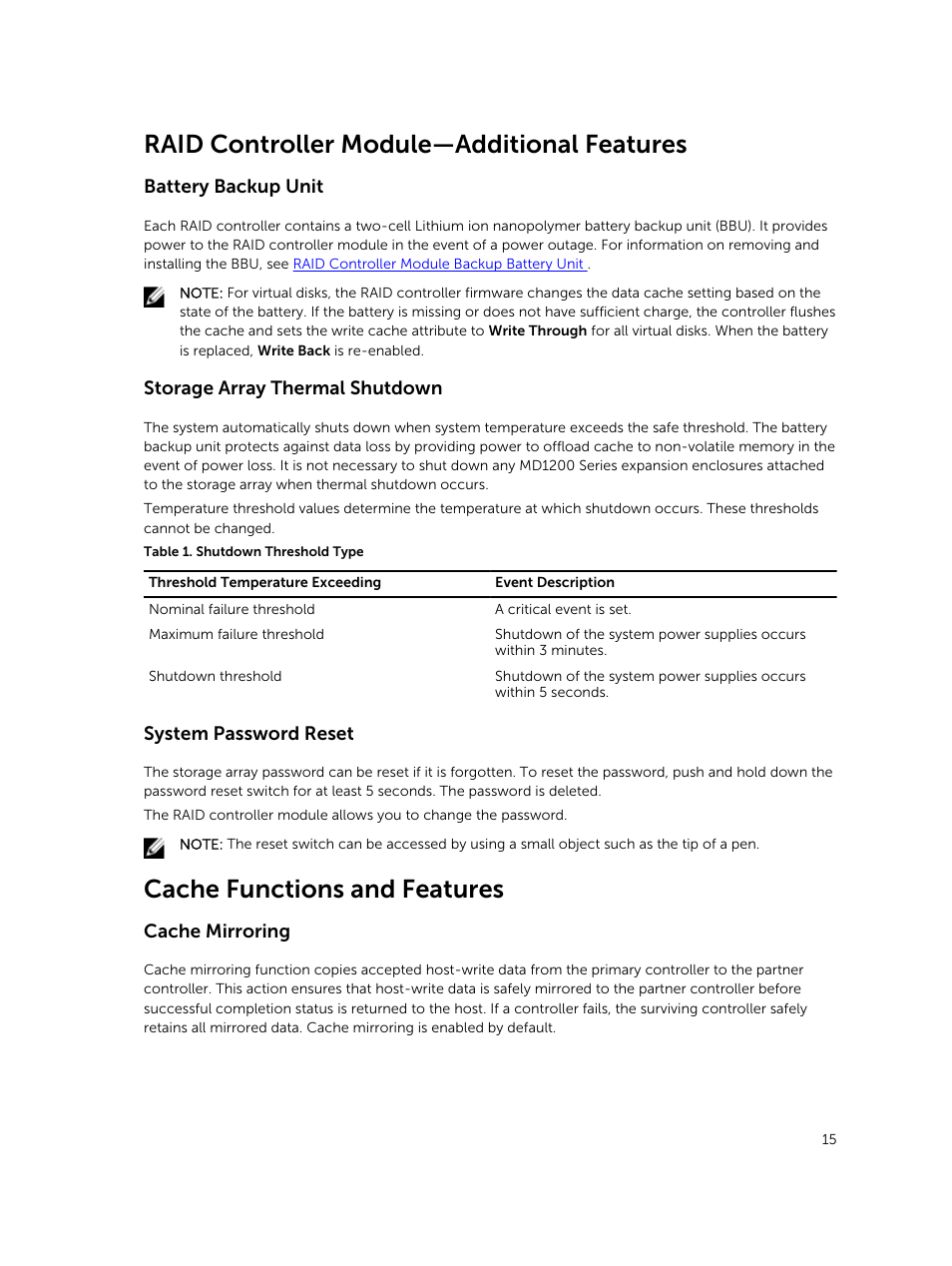 Raid controller module—additional features, Battery backup unit, Storage array thermal shutdown | System password reset, Cache functions and features, Cache mirroring | Dell PowerVault MD3820f User Manual | Page 15 / 51