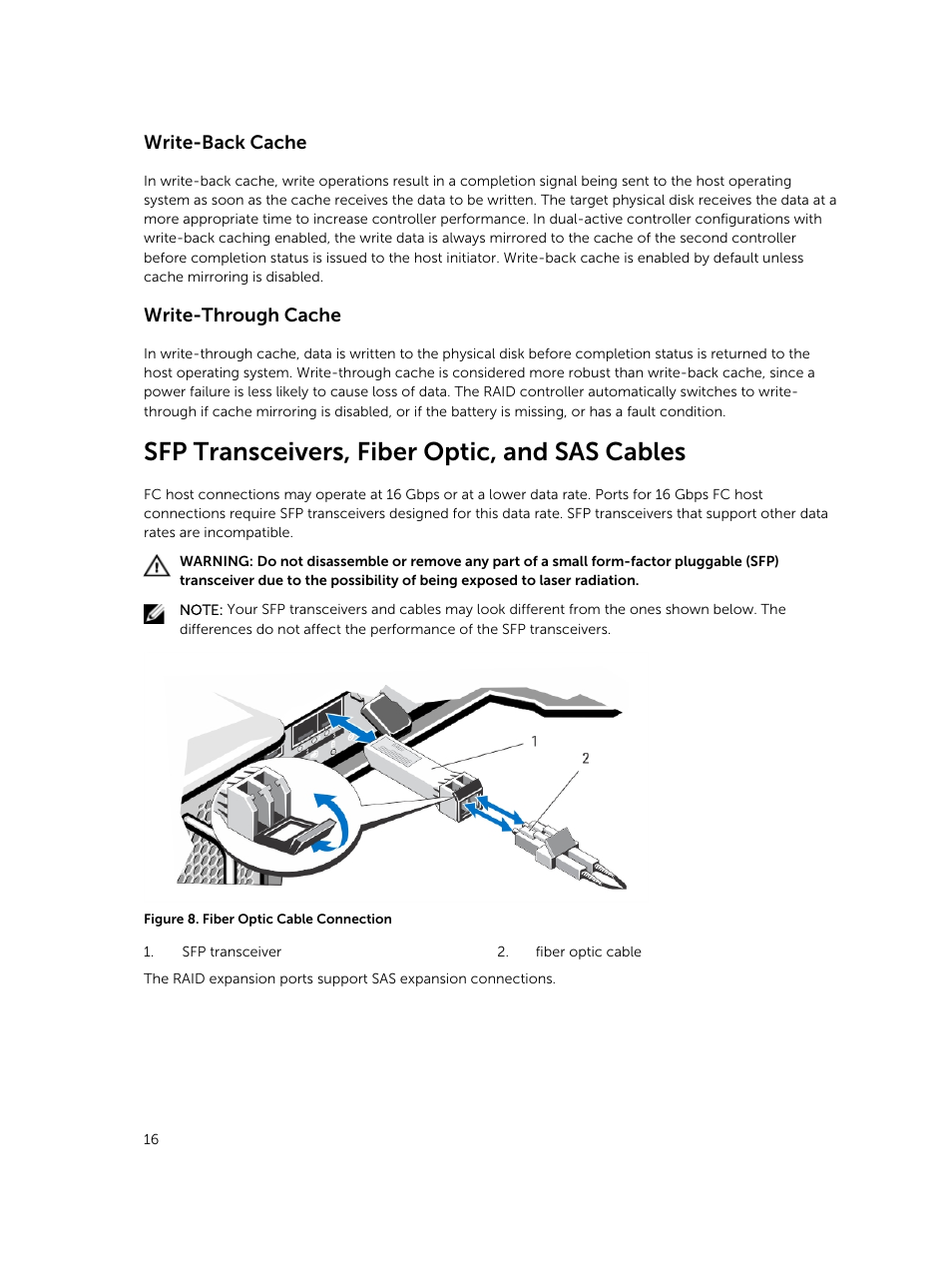 Write-back cache, Write-through cache, Sfp transceivers, fiber optic, and sas cables | Dell PowerVault MD3820f User Manual | Page 16 / 51