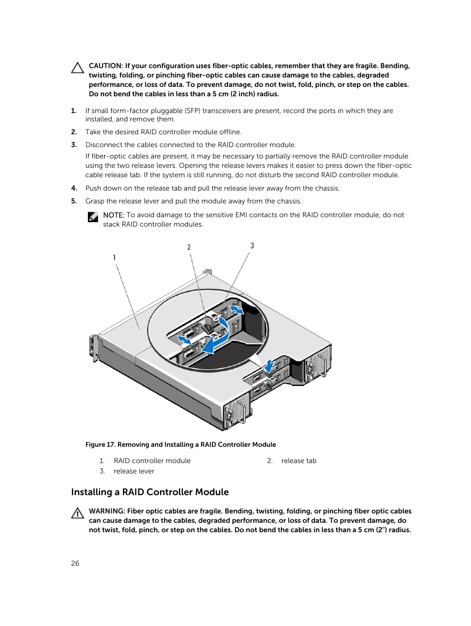 Installing a raid controller module | Dell PowerVault MD3820f User Manual | Page 26 / 51