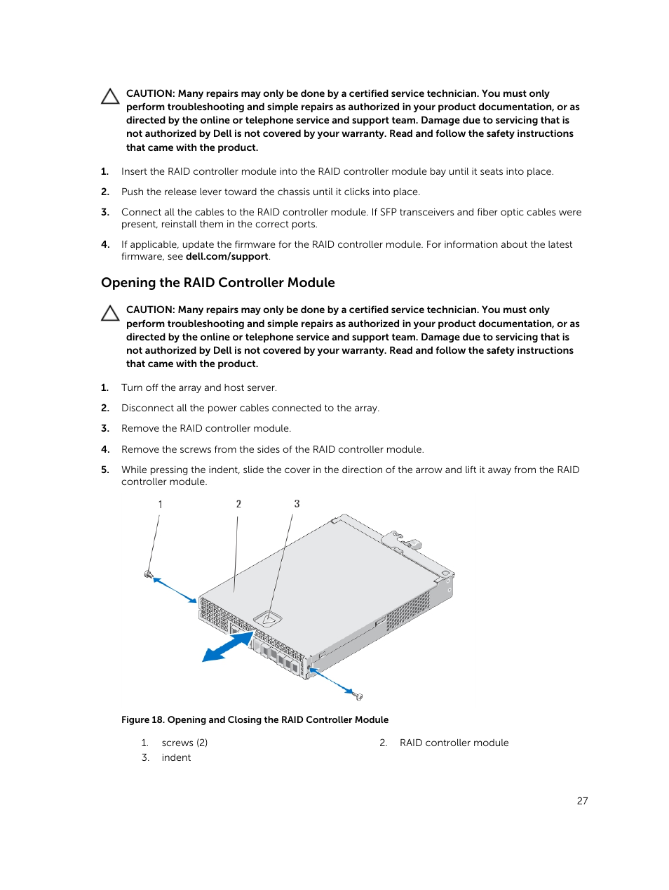 Opening the raid controller module | Dell PowerVault MD3820f User Manual | Page 27 / 51