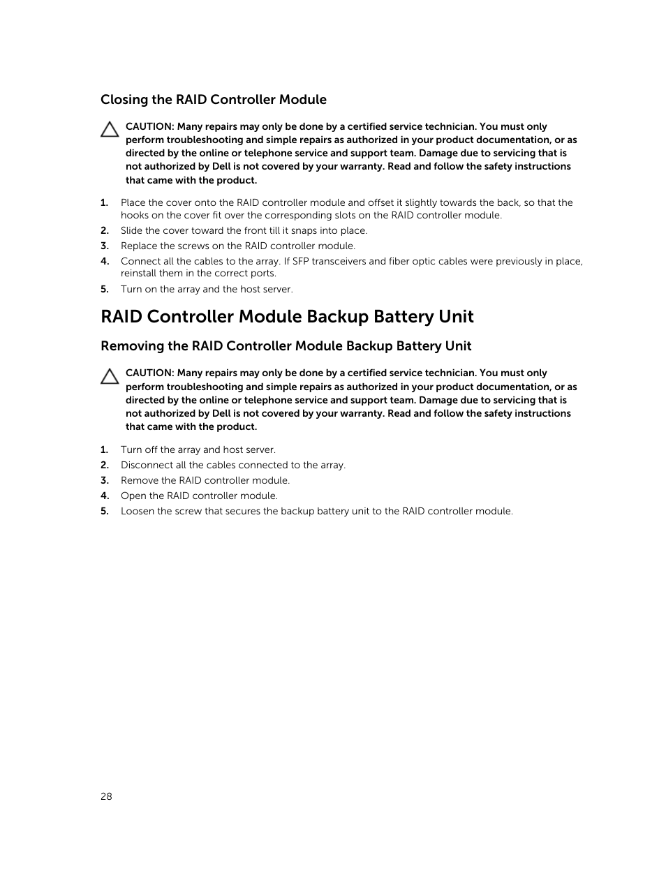 Closing the raid controller module, Raid controller module backup battery unit | Dell PowerVault MD3820f User Manual | Page 28 / 51