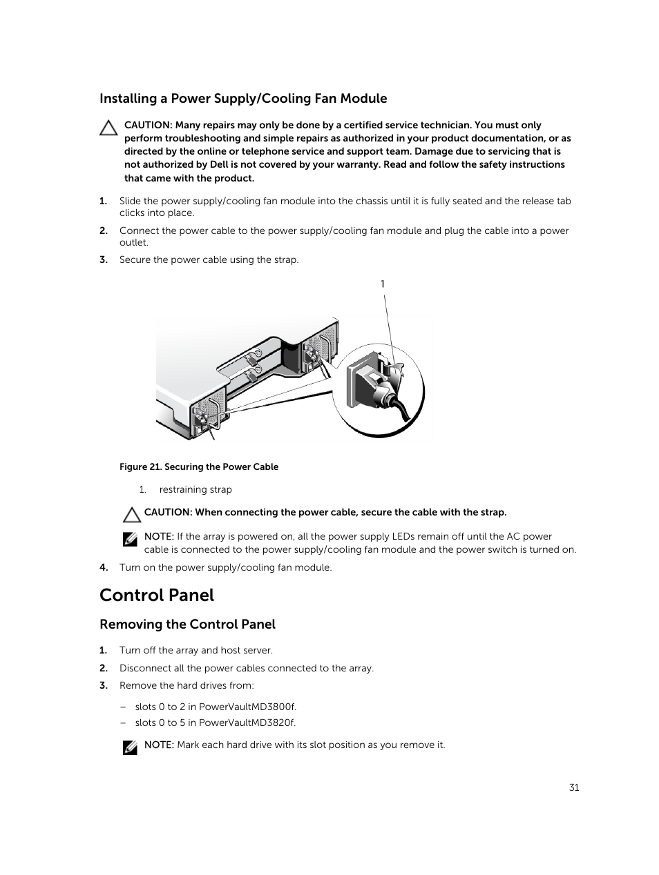 Installing a power supply/cooling fan module, Control panel, Removing the control panel | Dell PowerVault MD3820f User Manual | Page 31 / 51