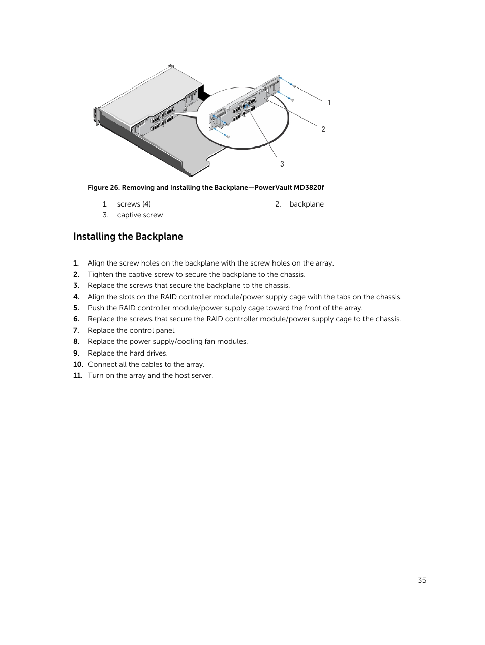 Installing the backplane | Dell PowerVault MD3820f User Manual | Page 35 / 51