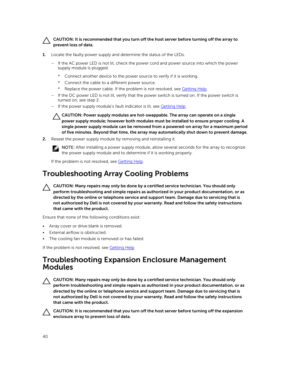 Troubleshooting array cooling problems | Dell PowerVault MD3820f User Manual | Page 40 / 51