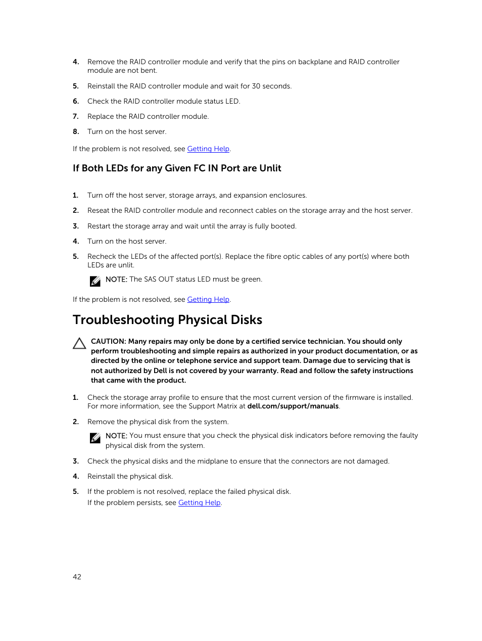 If both leds for any given fc in port are unlit, Troubleshooting physical disks | Dell PowerVault MD3820f User Manual | Page 42 / 51