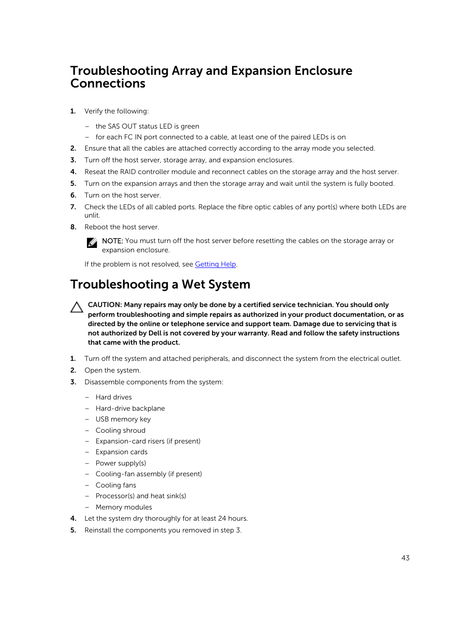 Troubleshooting a wet system | Dell PowerVault MD3820f User Manual | Page 43 / 51