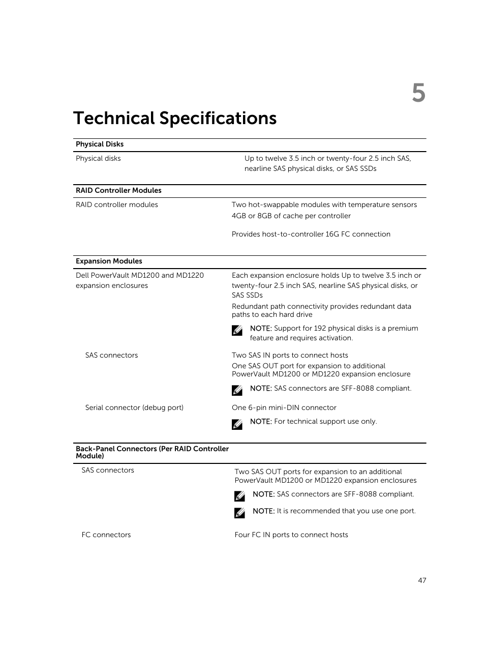 Technical specifications, 5 technical specifications | Dell PowerVault MD3820f User Manual | Page 47 / 51