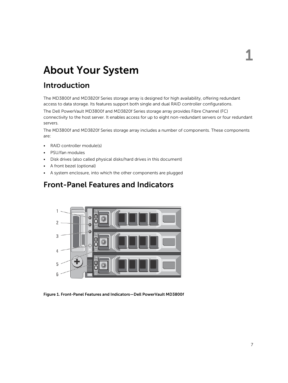 About your system, Introduction, Front-panel features and indicators | 1 about your system | Dell PowerVault MD3820f User Manual | Page 7 / 51