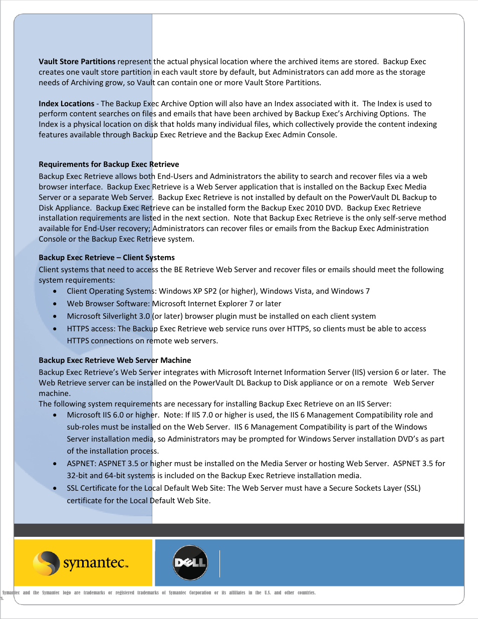 Requirements for backup exec retrieve, Backup exec retrieve – client systems, Backup exec retrieve web server machine | Dell PowerVault DL2200 User Manual | Page 10 / 20