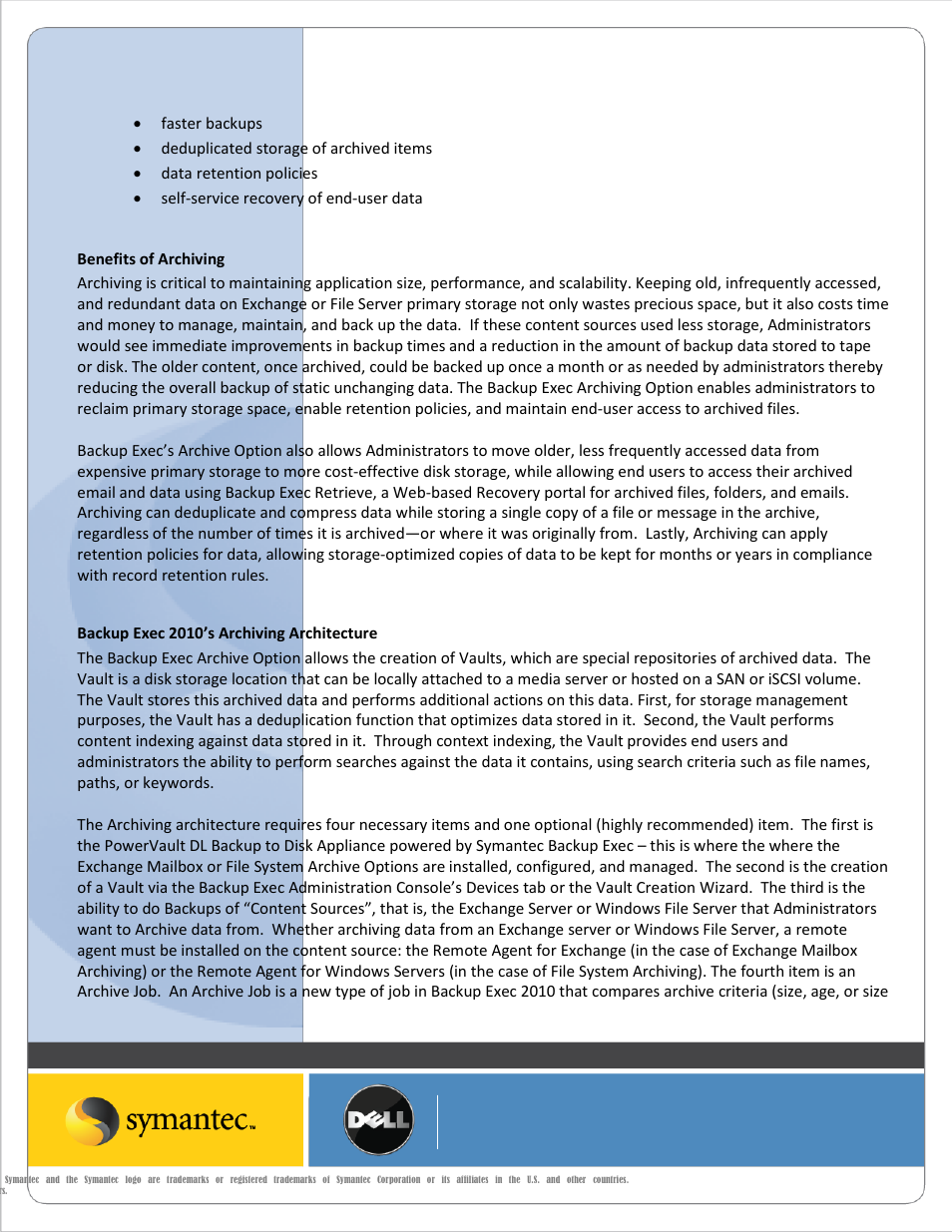 Benefits of archiving, Backup exec 2010’s archiving architecture | Dell PowerVault DL2200 User Manual | Page 3 / 20