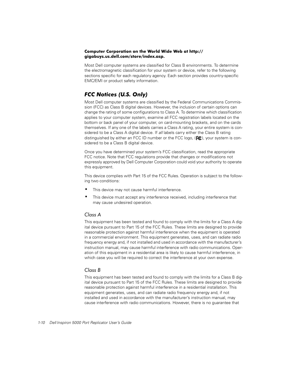Fcc notices (u.s. only), Class a, Class b | Dell Inspiron 5000e User Manual | Page 14 / 30