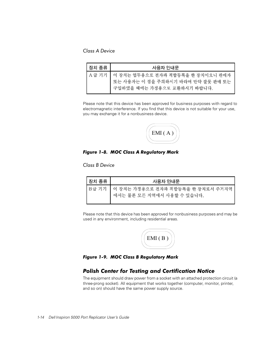 Class a device, Class b device, Polish center for testing and certification notice | Dell Inspiron 5000e User Manual | Page 18 / 30