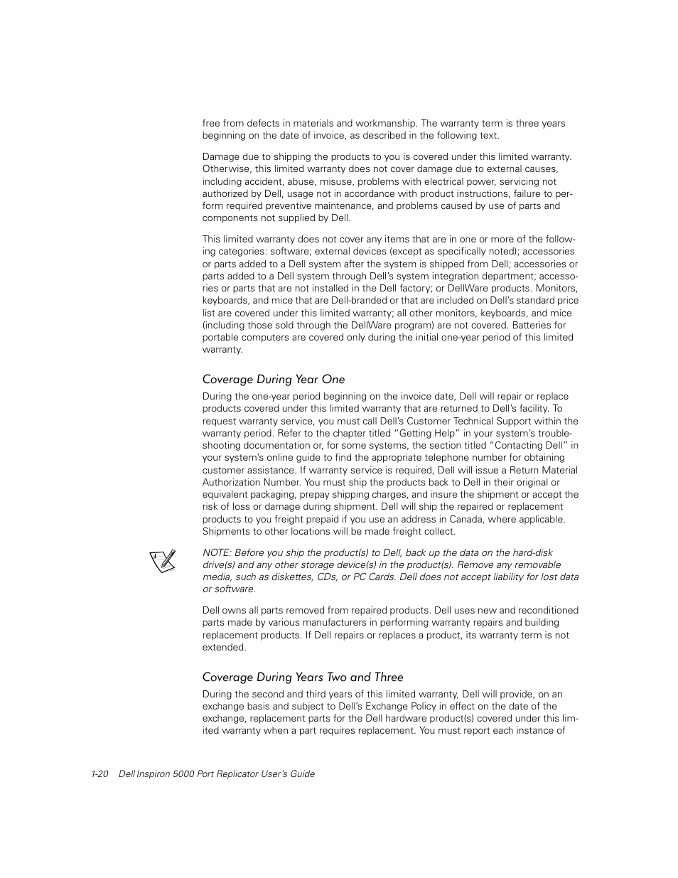 Coverage during year one, Coverage during years two and three | Dell Inspiron 5000e User Manual | Page 24 / 30