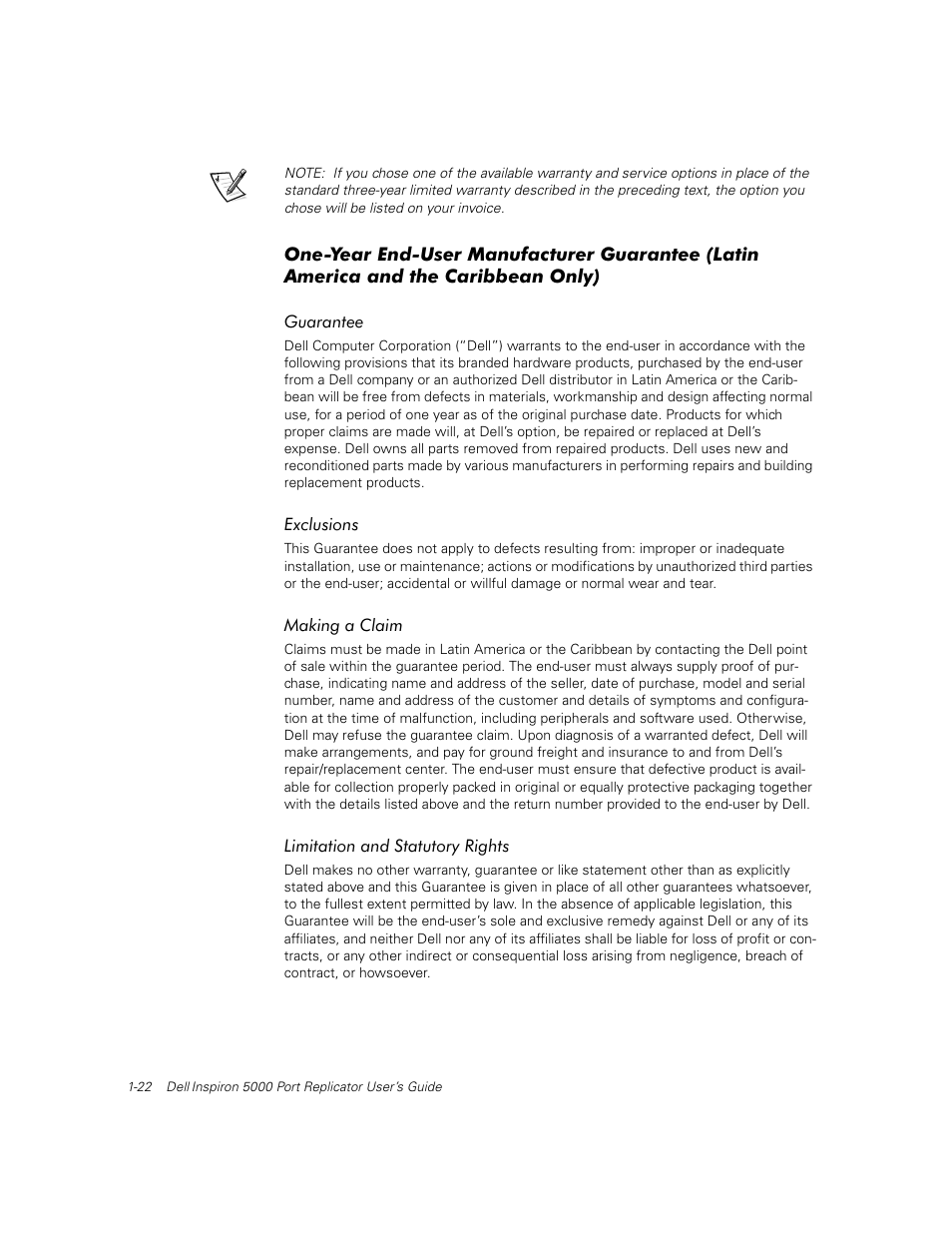 Guarantee, Exclusions, Making a claim | Limitation and statutory rights | Dell Inspiron 5000e User Manual | Page 26 / 30