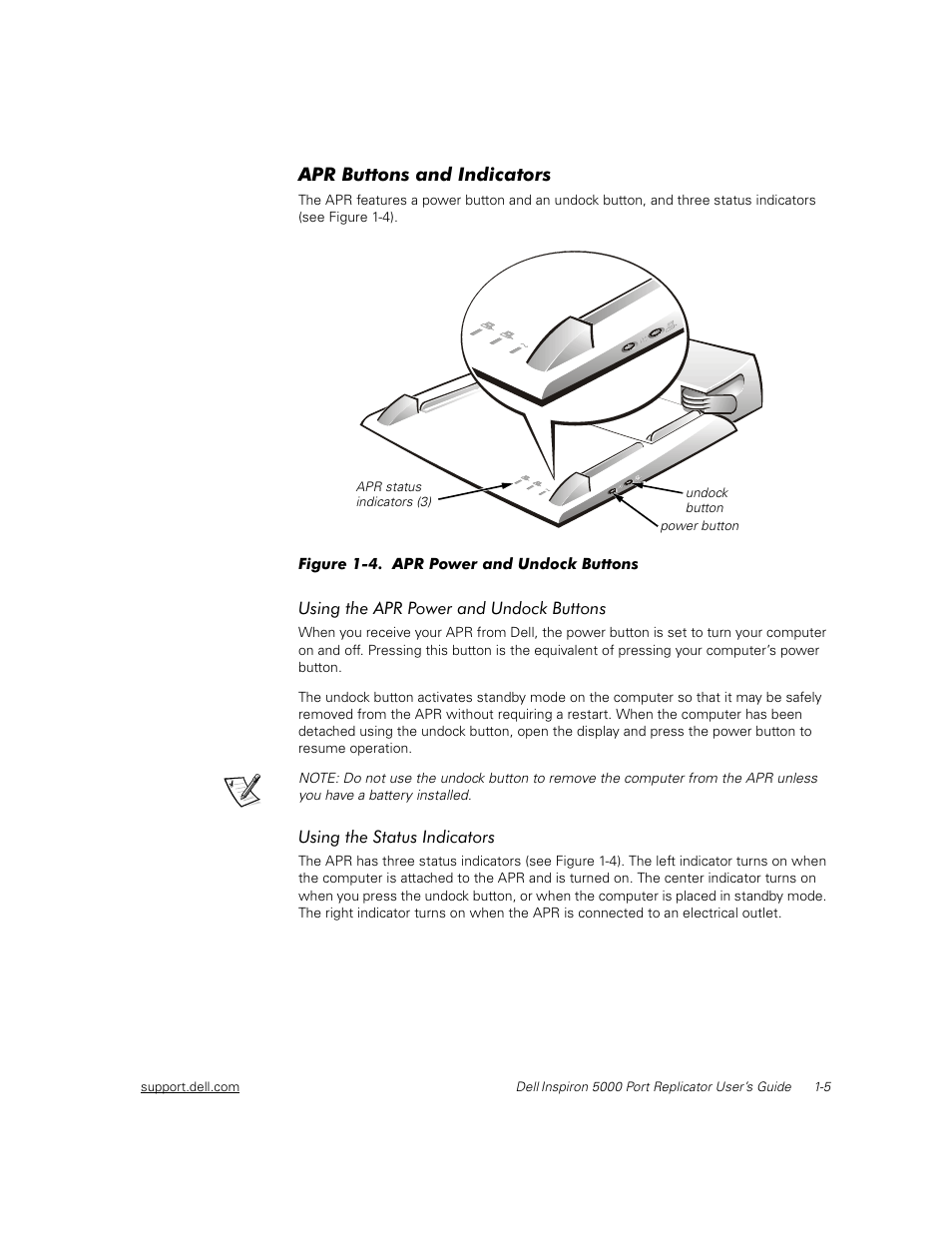 Apr buttons and indicators, Using the apr power and undock buttons, Using the status indicators | 35%xwwrqvdqg,qglfdwruv | Dell Inspiron 5000e User Manual | Page 9 / 30