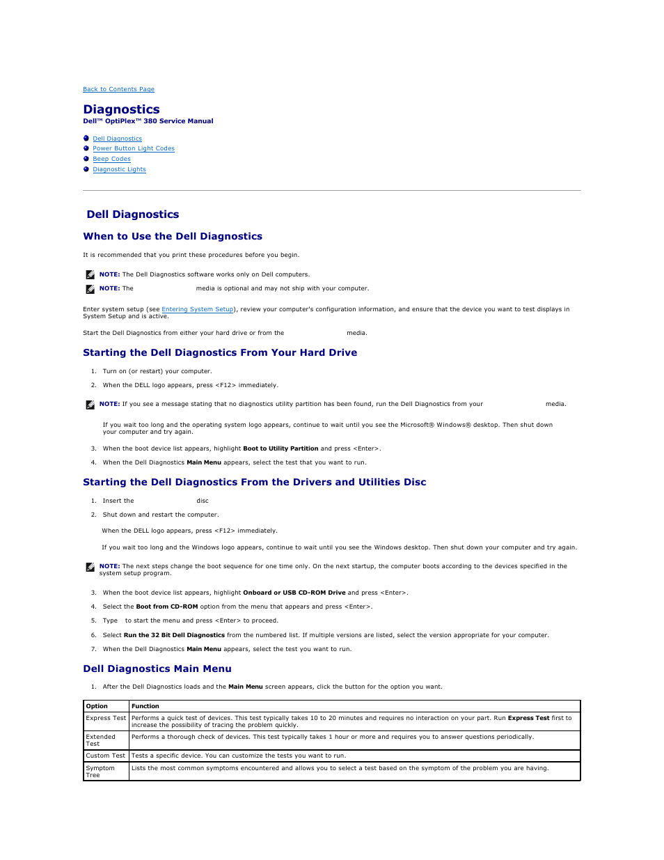 Diagnostics, Dell diagnostics, When to use the dell diagnostics | Starting the dell diagnostics from your hard drive, Dell diagnostics main menu | Dell OptiPlex 380 (Late 2009) User Manual | Page 11 / 49