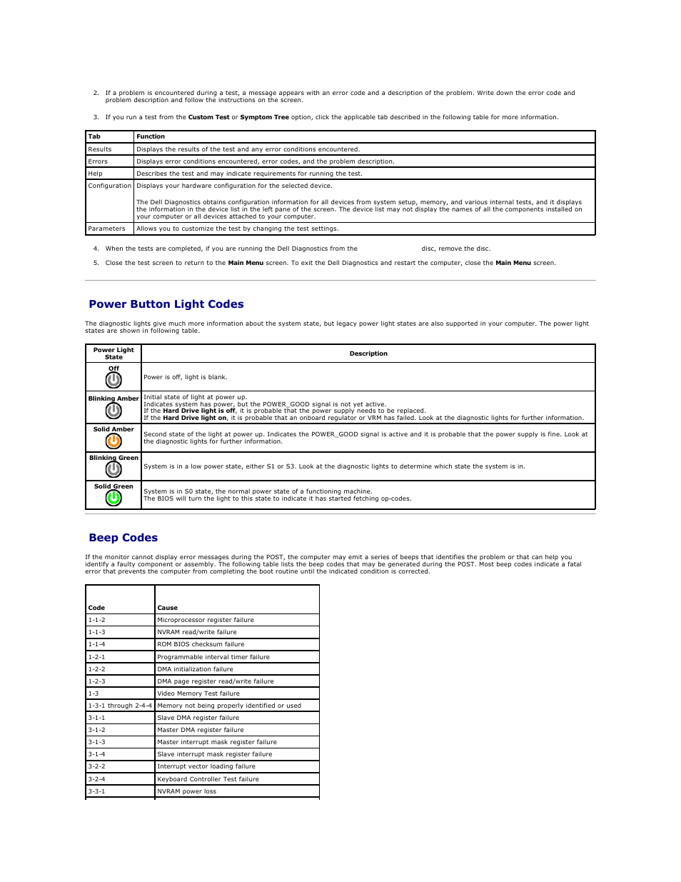 Power button light codes, Beep codes | Dell OptiPlex 380 (Late 2009) User Manual | Page 12 / 49