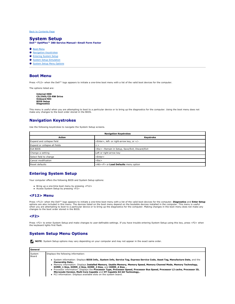 System setup, Boot menu, Navigation keystrokes | Entering system setup, System setup menu options, F12> menu | Dell OptiPlex 380 (Late 2009) User Manual | Page 2 / 49