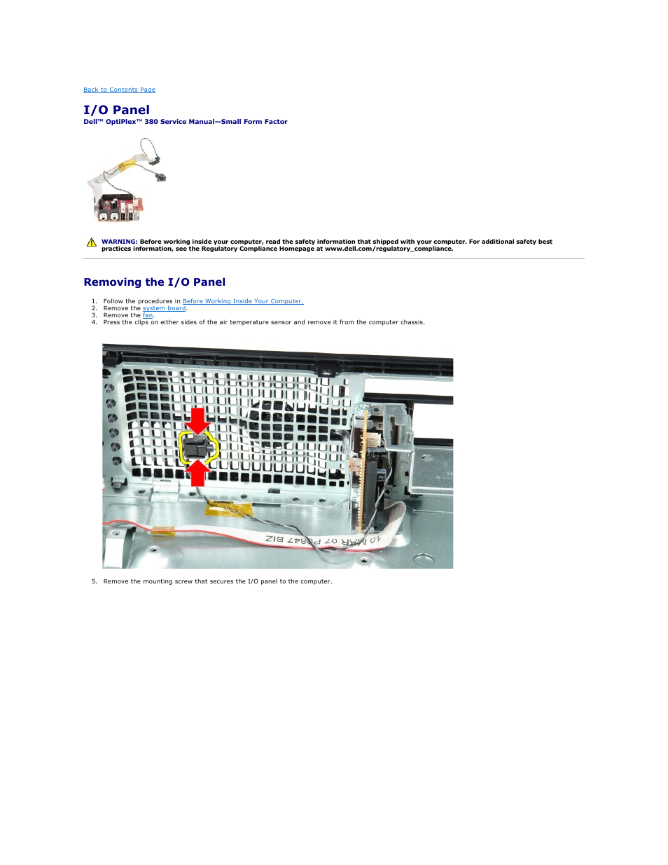 I/o panel, Removing the i/o panel | Dell OptiPlex 380 (Late 2009) User Manual | Page 28 / 49