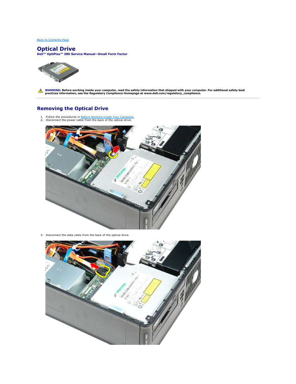 Optical drive, Removing the optical drive | Dell OptiPlex 380 (Late 2009) User Manual | Page 32 / 49
