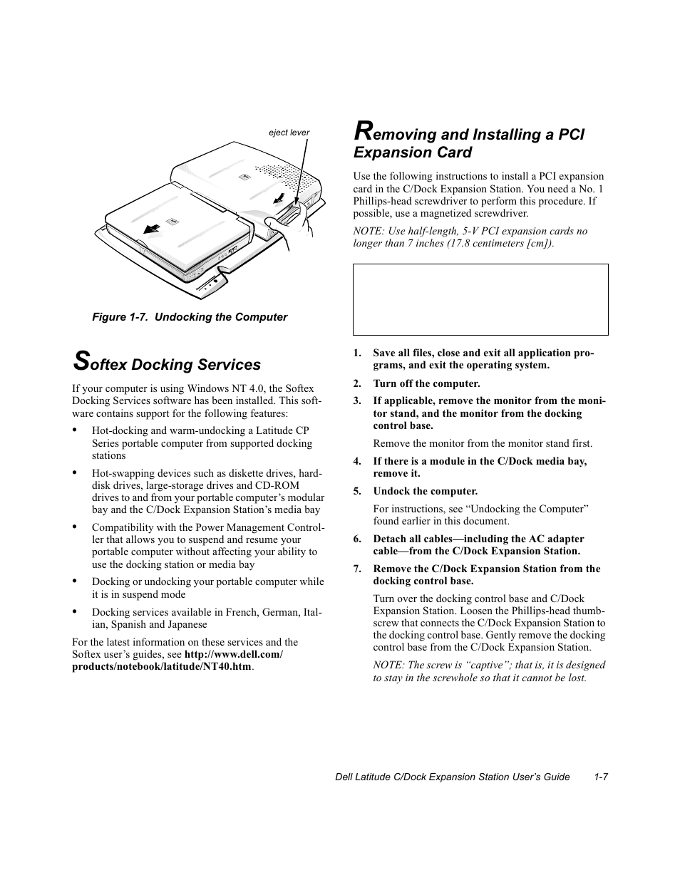 Softex docking services, Removing and instaiiing a pci expansion card, Turn off the computer | Undock the computer, Softex docking services -7, Removing and installing a pci expansion card -7 | Dell C/Dock Expansion Station User Manual | Page 11 / 28