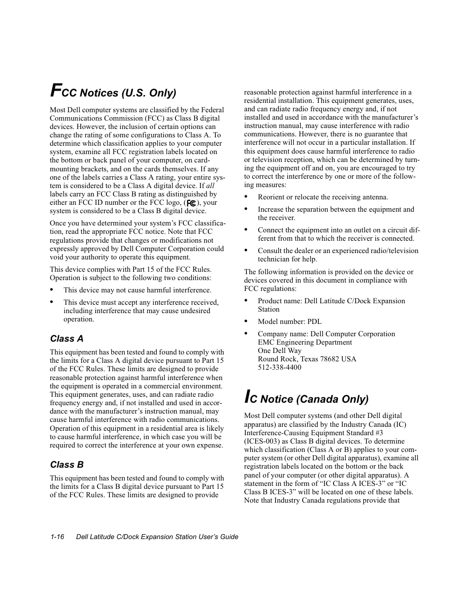 Fee notices (u.s. only), Le notice (eanada only), Fcc notices (u.s. only) -16 | Ic notice (canada only) -16 | Dell C/Dock Expansion Station User Manual | Page 20 / 28
