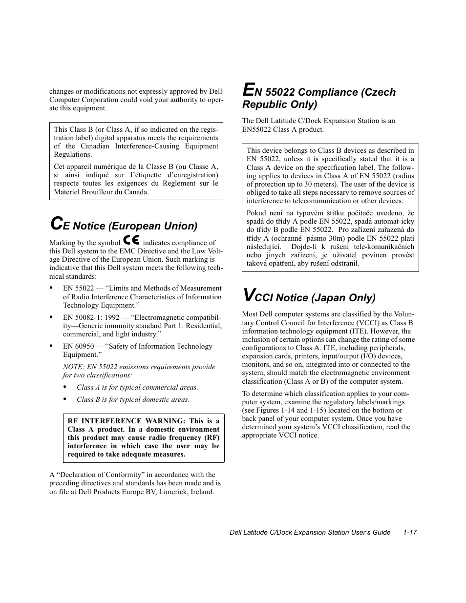 Ce notice (european union), N 55022 compiiance (czech repubiic oniy), Vcci notice (japan oniy) | Ce notice (european union) -17, En 55022 compliance (czech republic only) -17, Vcci notice (japan only) -17, Notice (european union) | Dell C/Dock Expansion Station User Manual | Page 21 / 28