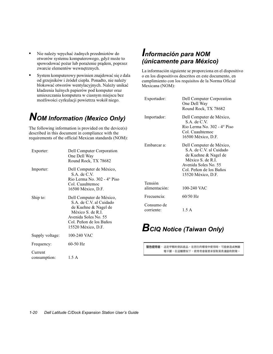 Nom information (mexico only), Información para nom (únicamente para méxico), Bciq notice (taiwan only) | Nom information (mexico only) -20, Información para nom (únicamente para méxico) -20, Bciq notice (taiwan only) -20 | Dell C/Dock Expansion Station User Manual | Page 24 / 28