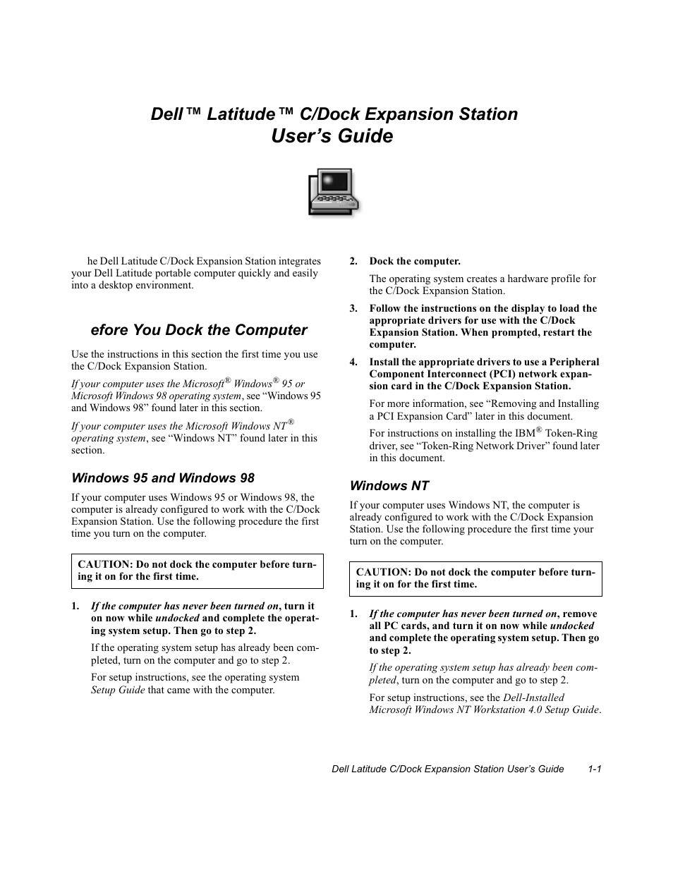 User’s guide, Before you dock the computer, Dock the computer | Before you dock the computer -1, Dell™ latitude™ c/dock expansion station, Efore you dock the computer | Dell C/Dock Expansion Station User Manual | Page 5 / 28