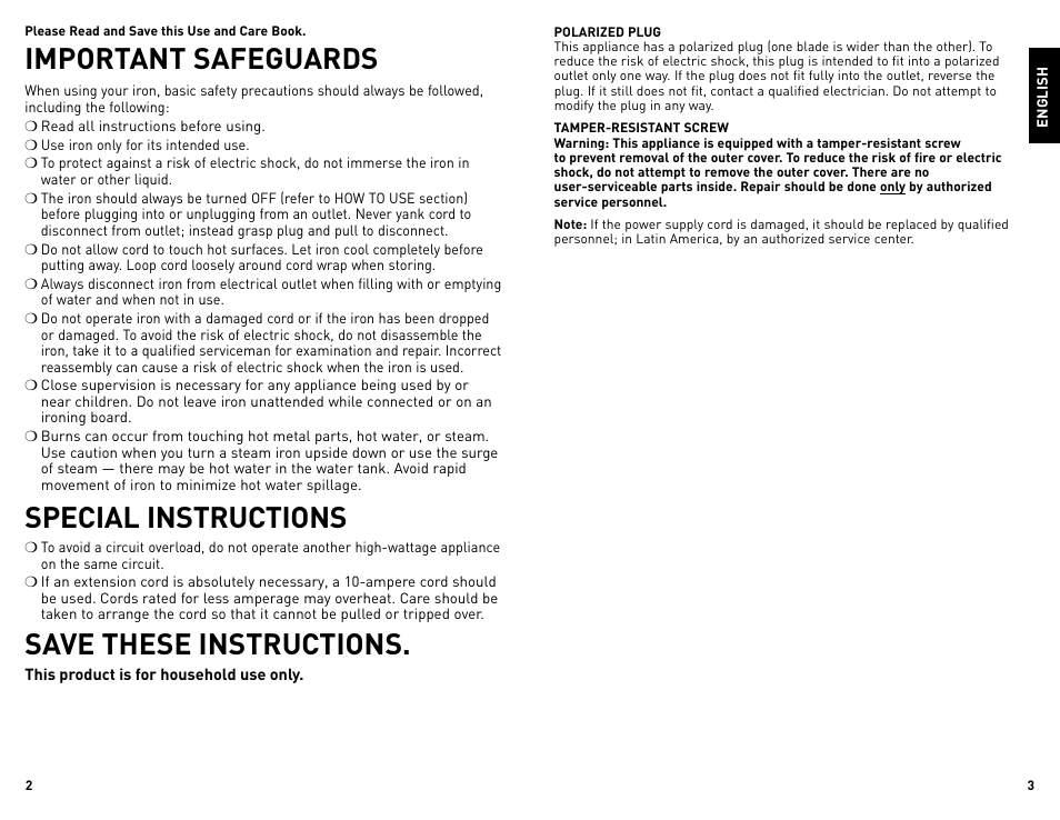 Important safeguards, Special instructions, Save these instructions | Black & Decker THE CLASSIC F54 User Manual | Page 2 / 9