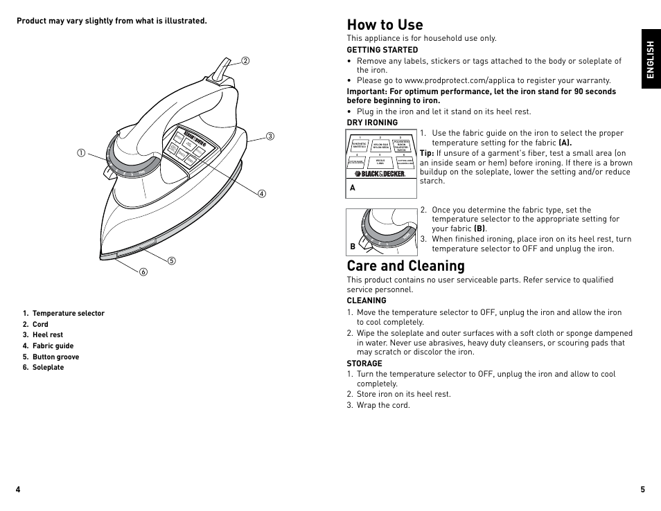 How to use, Care and cleaning, Co tt on•linen algodón•lin o | Black & Decker THE CLASSIC F54 User Manual | Page 3 / 9