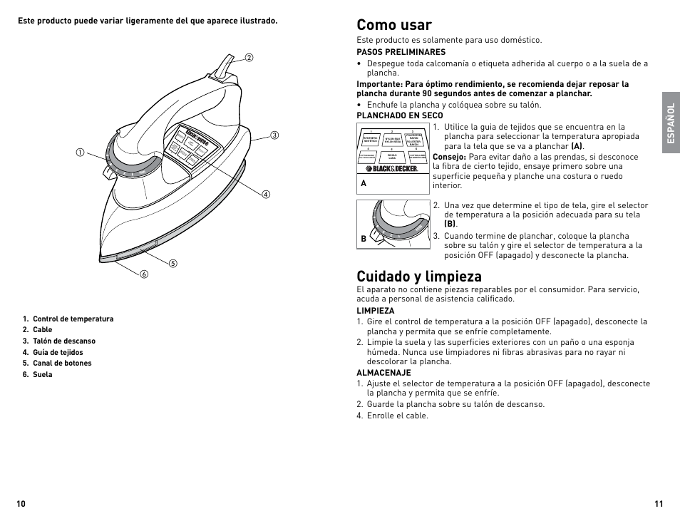 Como usar, Cuidado y limpieza, Co tt on•linen algodón•lin o | Black & Decker THE CLASSIC F54 User Manual | Page 6 / 9