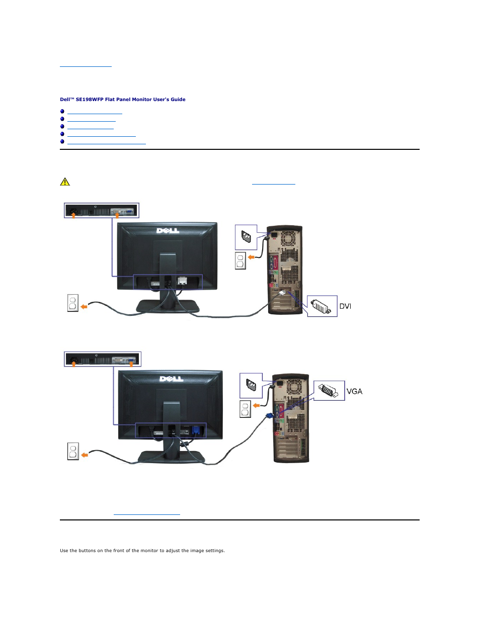 Setting up your monitor, Connecting your monitor, Using the front panel | Dell SE198WFP Monitor User Manual | Page 19 / 32