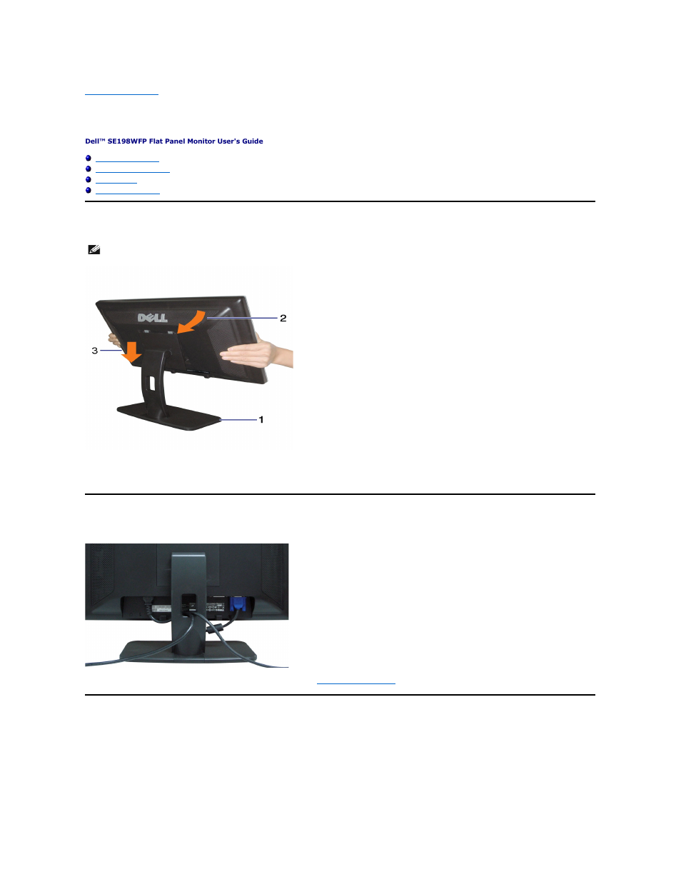 Using your adjustable monitor stand, Attaching the stand, Organizing your cables | Using the tilt | Dell SE198WFP Monitor User Manual | Page 31 / 32