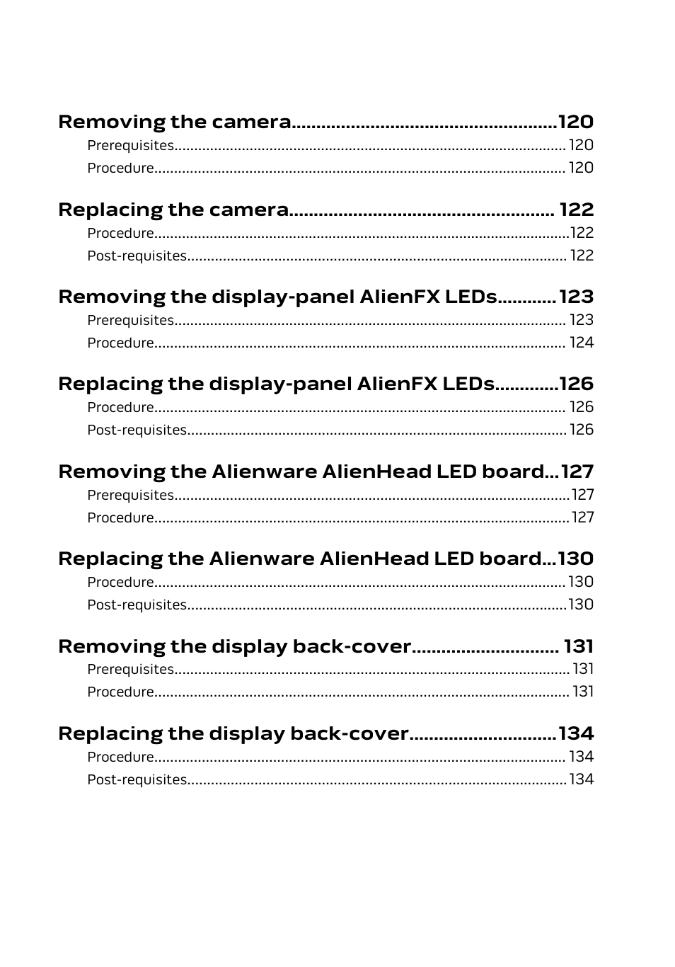 Removing the camera, Replacing the camera, Removing the display-panel alienfx leds | Replacing the display-panel alienfx leds, Removing the alienware alienhead led board, Replacing the alienware alienhead led board, Removing the display back-cover, Replacing the display back-cover | Dell Alienware 17 R2 (Early 2015) User Manual | Page 10 / 144