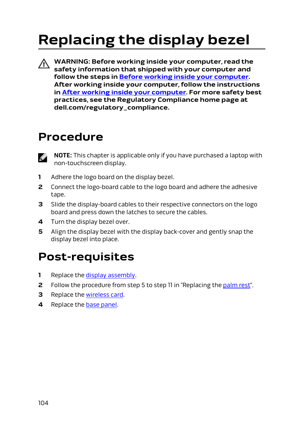 Replacing the display bezel, Procedure, Post-requisites | Dell Alienware 17 R2 (Early 2015) User Manual | Page 104 / 144