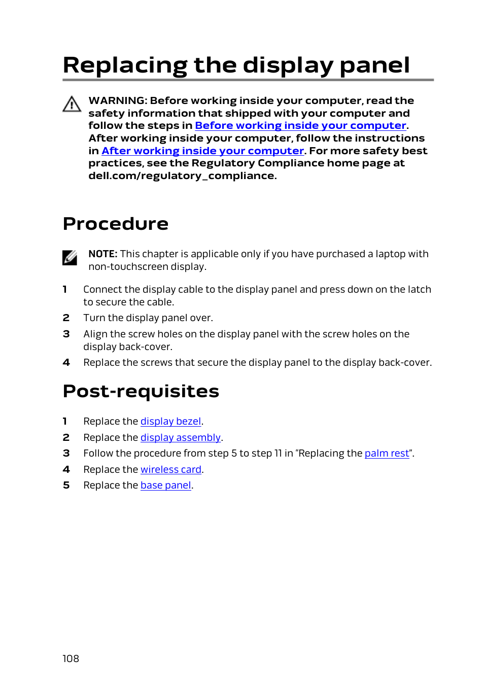 Replacing the display panel, Procedure, Post-requisites | Dell Alienware 17 R2 (Early 2015) User Manual | Page 108 / 144