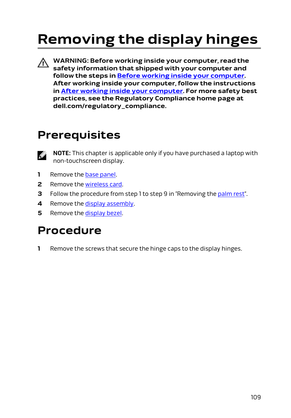 Removing the display hinges, Prerequisites, Procedure | Dell Alienware 17 R2 (Early 2015) User Manual | Page 109 / 144