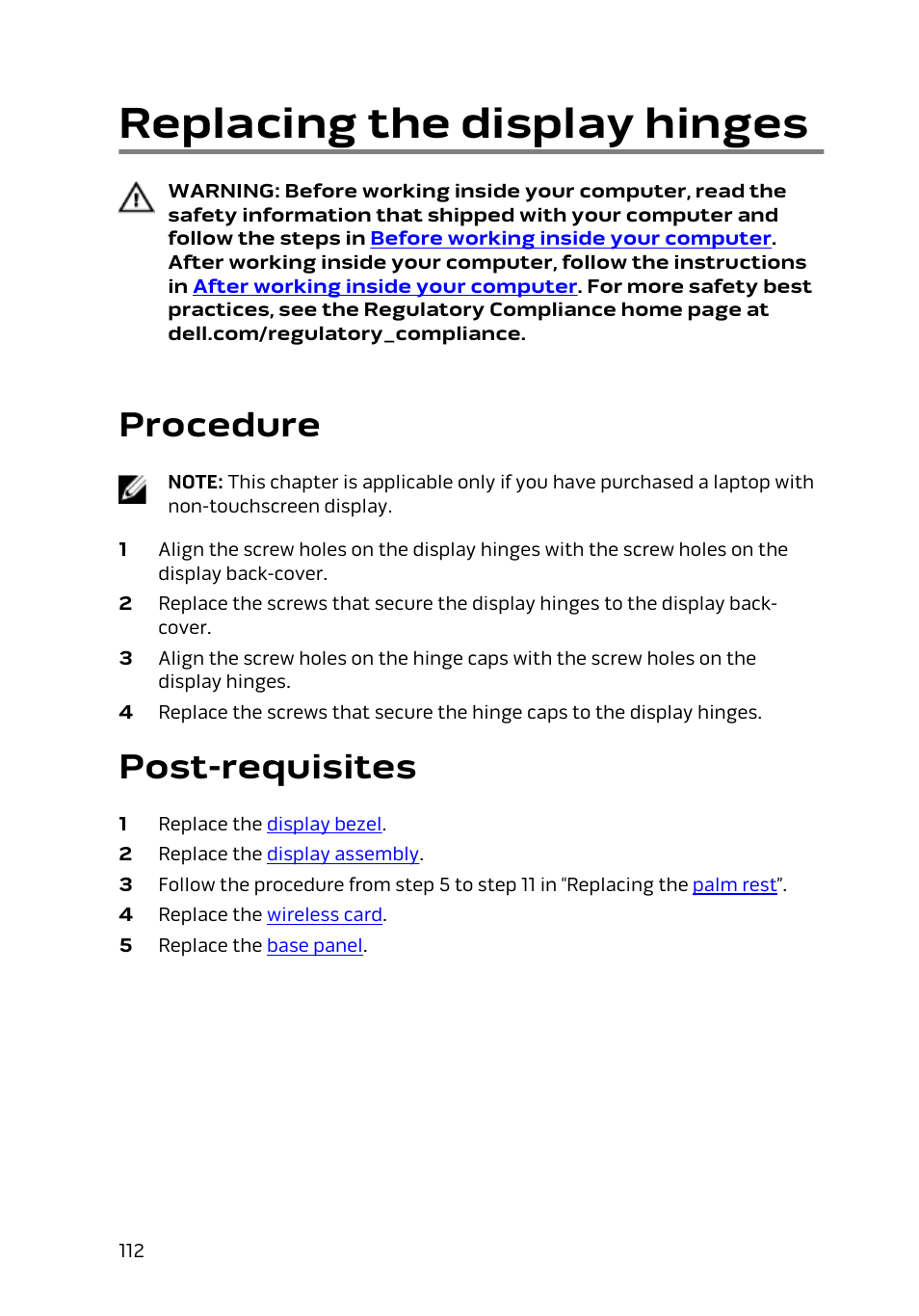 Replacing the display hinges, Procedure, Post-requisites | Dell Alienware 17 R2 (Early 2015) User Manual | Page 112 / 144