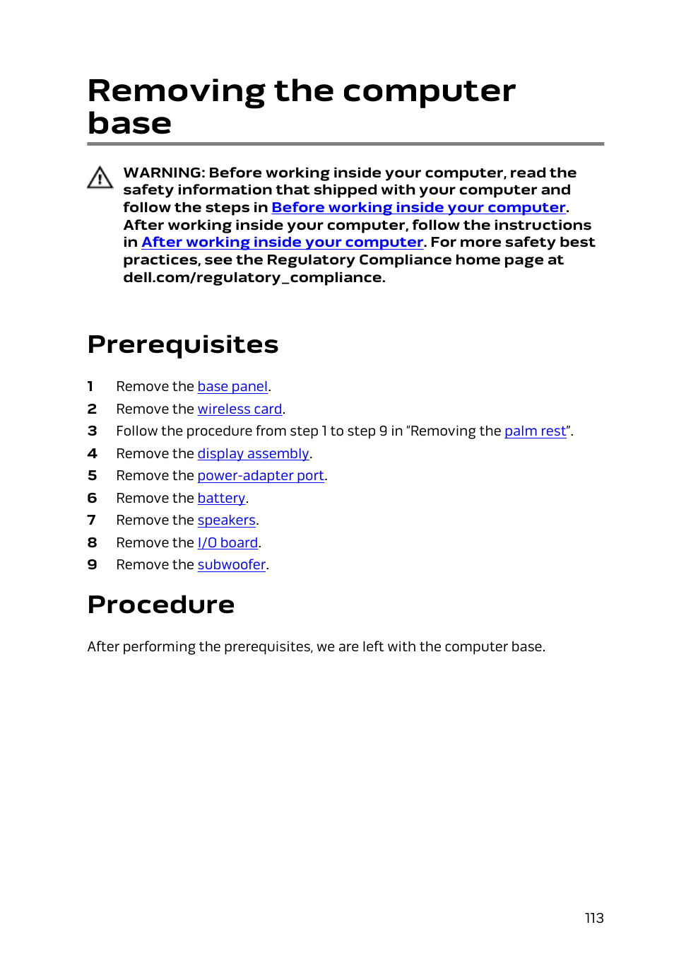 Removing the computer base, Prerequisites, Procedure | Dell Alienware 17 R2 (Early 2015) User Manual | Page 113 / 144